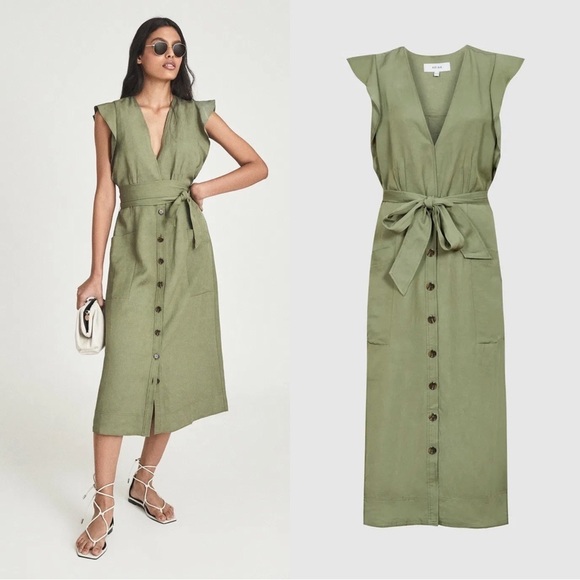 Reiss Dresses & Skirts - REISS • Emma Plunge Frill Shoulder Dress green midi button front tie waist belt
